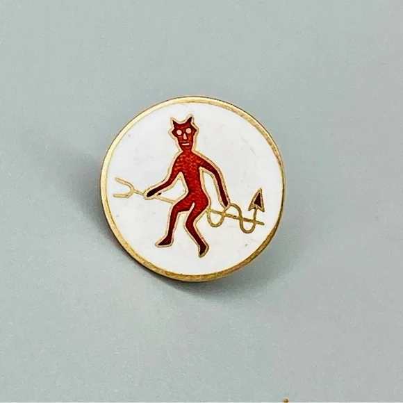 Antique Guilloche Red Devil on Pitchfork Enamel 10K Secret Society Pin Stief Co.